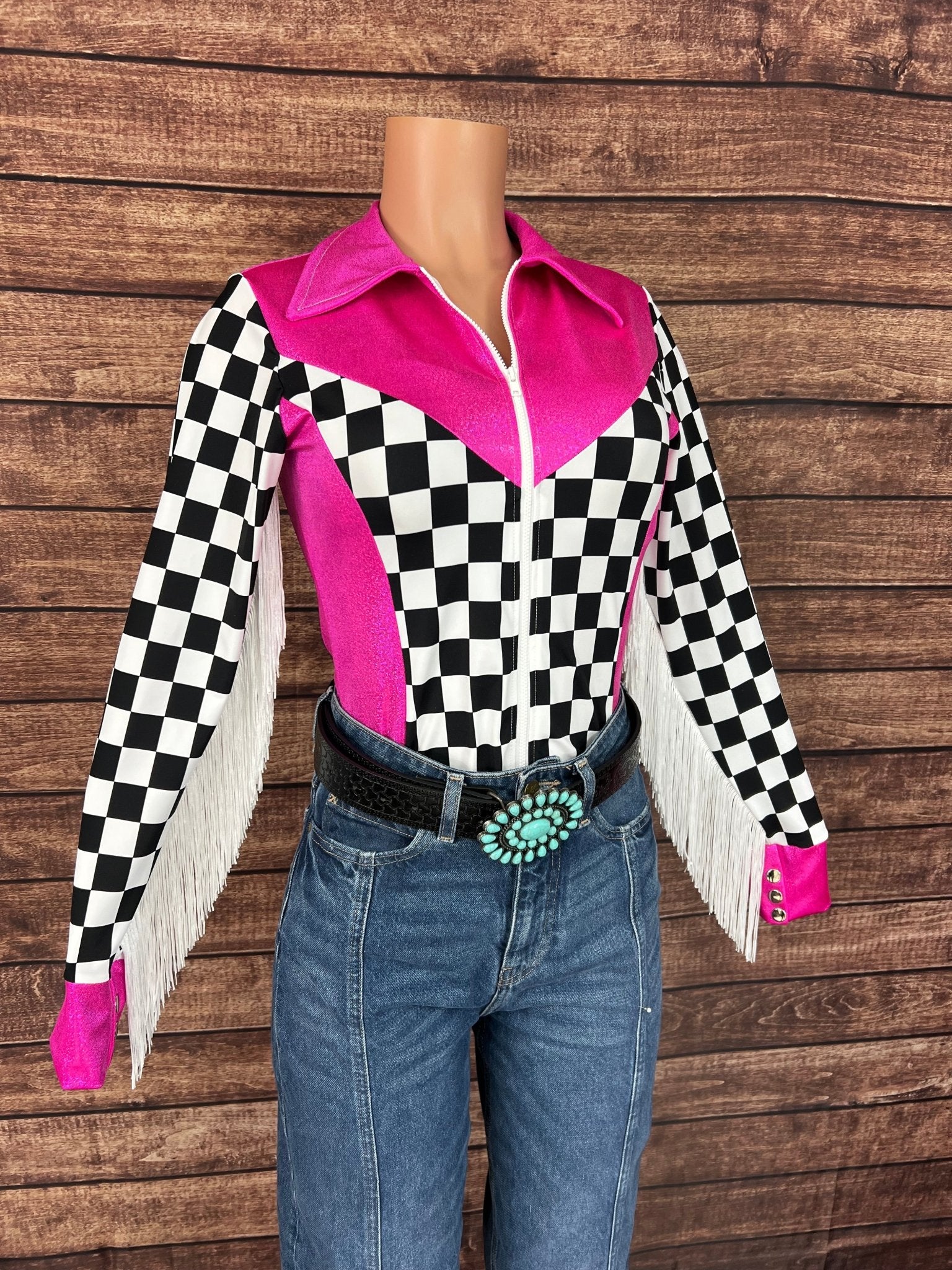 Neon Pink and Checkered Rodeo Shirt - Riverside Rodeo Shirts