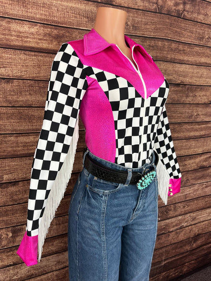 Neon Pink and Checkered Rodeo Shirt - Riverside Rodeo Shirts