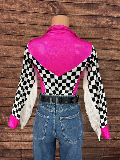 Neon Pink and Checkered Rodeo Shirt - Riverside Rodeo Shirts