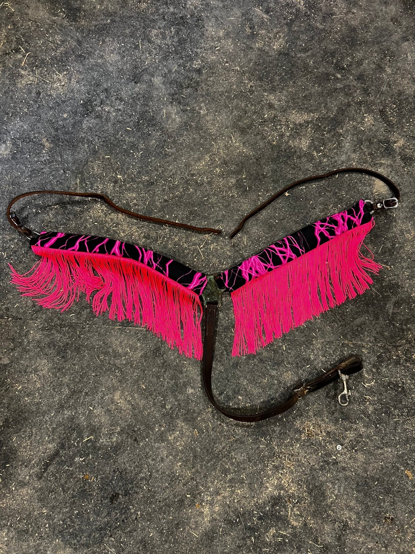 Neon Pink Lightning Breast Collar Cover with Chainette Fringe (Covers ONLY) - Riverside Rodeo Shirts