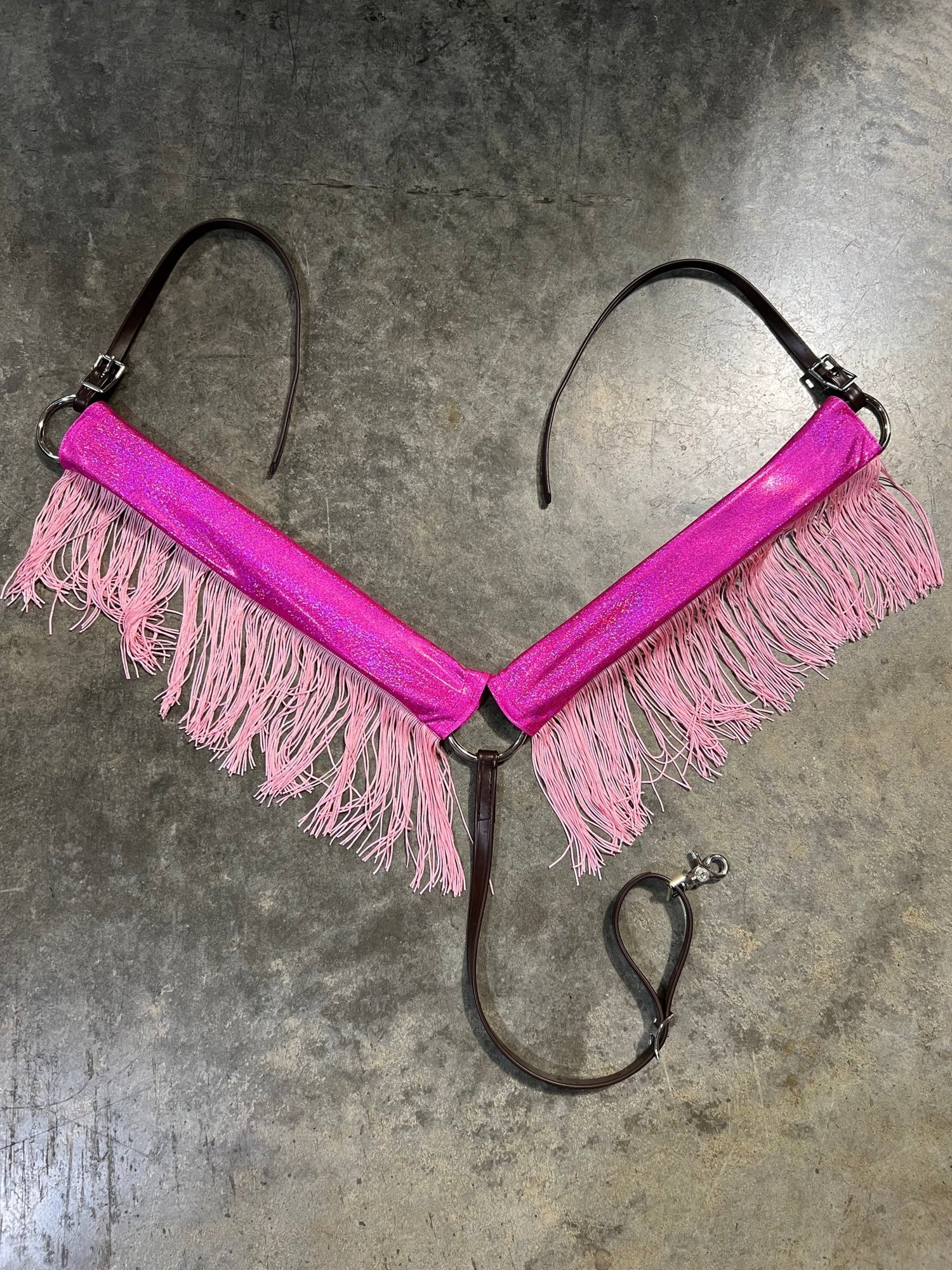 Neon Pink Sparkly Jewel Holographic Breast Collar Cover with Baby Pink Chainette Fringe (Covers ONLY) - Riverside Rodeo Shirts