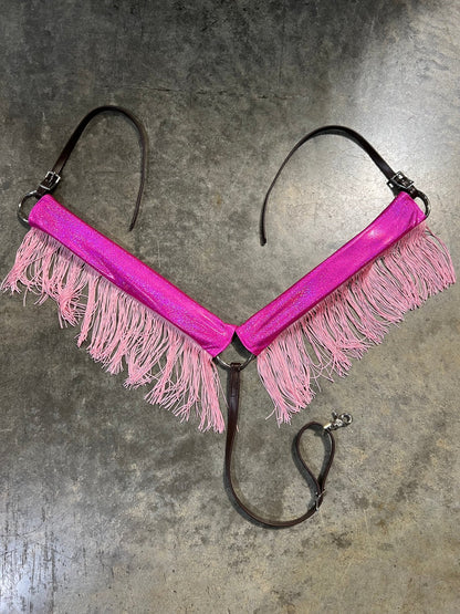 Neon Pink Sparkly Jewel Holographic Breast Collar Cover with Baby Pink Chainette Fringe (Covers ONLY) - Riverside Rodeo Shirts