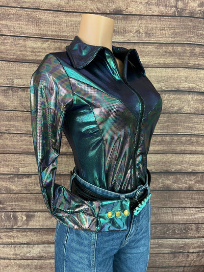 Oil Slick and Scarab Snap Front Holographic Rodeo Shirt - Riverside Rodeo Shirts