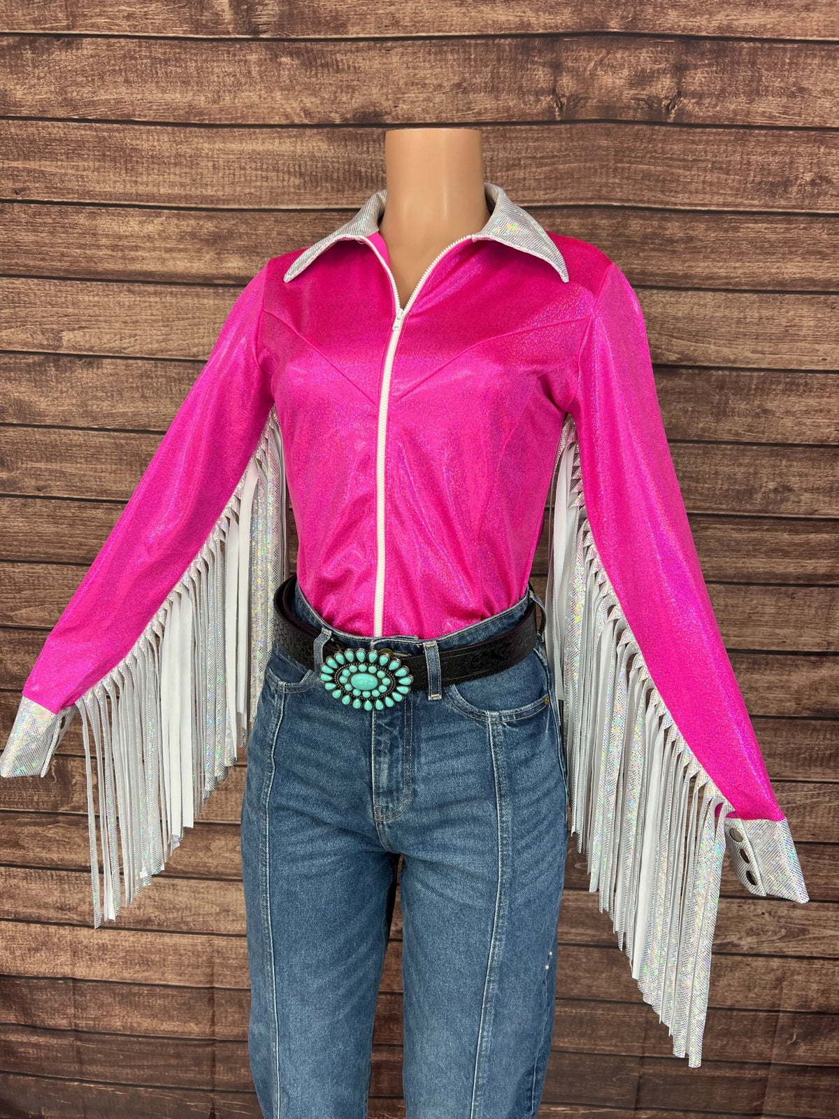 Pretty In Pink Zipper Front Rodeo Shirt with Thunderbird Fringe - Riverside Rodeo Shirts