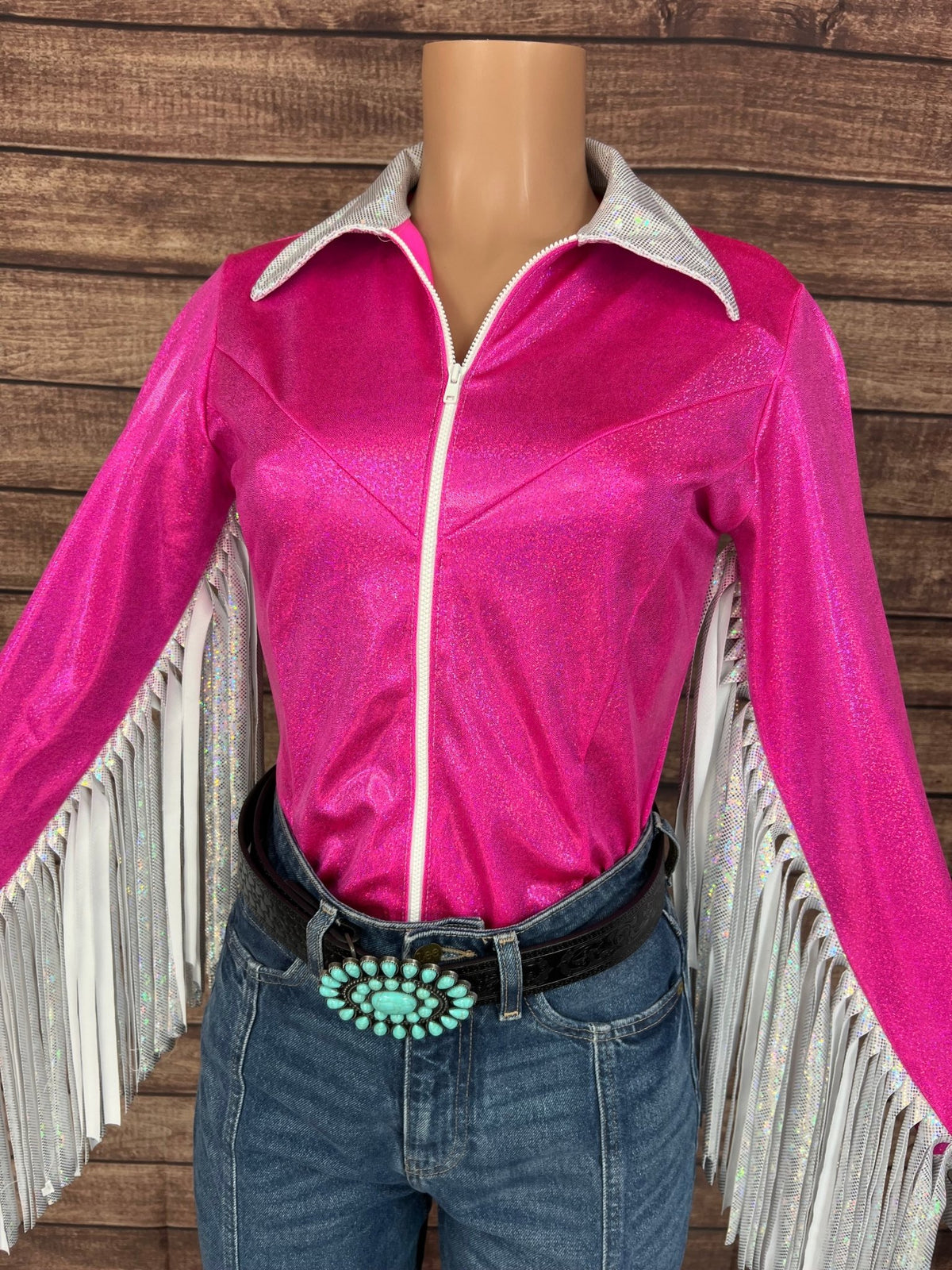 Pretty In Pink Zipper Front Rodeo Shirt with Thunderbird Fringe - Riverside Rodeo Shirts