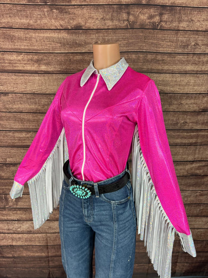 Pretty In Pink Zipper Front Rodeo Shirt with Thunderbird Fringe - Riverside Rodeo Shirts