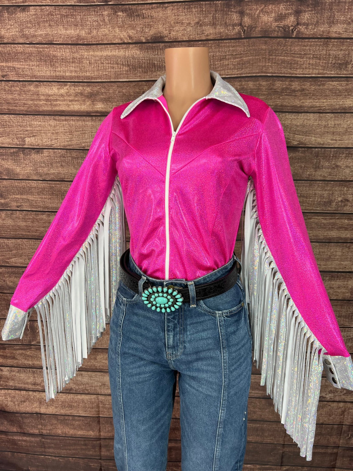 Pretty In Pink Zipper Front Rodeo Shirt with Thunderbird Fringe - Riverside Rodeo Shirts