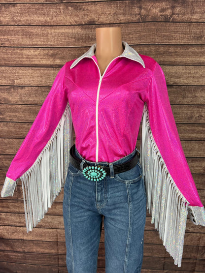 Pretty In Pink Zipper Front Rodeo Shirt with Thunderbird Fringe - Riverside Rodeo Shirts