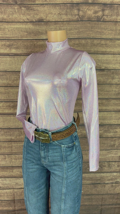 Mock Turtleneck Long Sleeve Western Show Shirt in Lilac Holographic