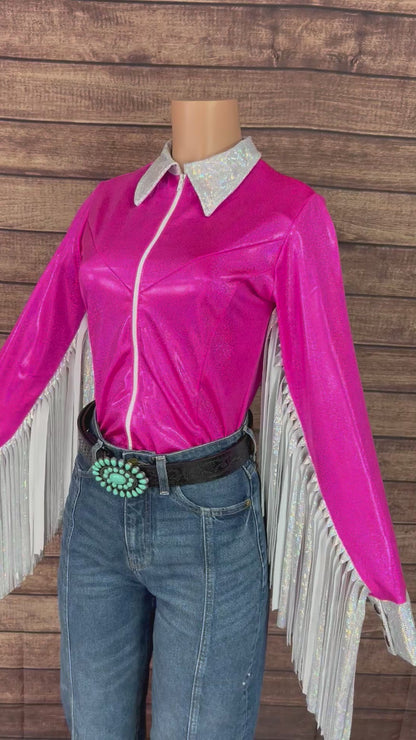 Pretty In Pink Zipper Front Rodeo Shirt with Thunderbird Fringe