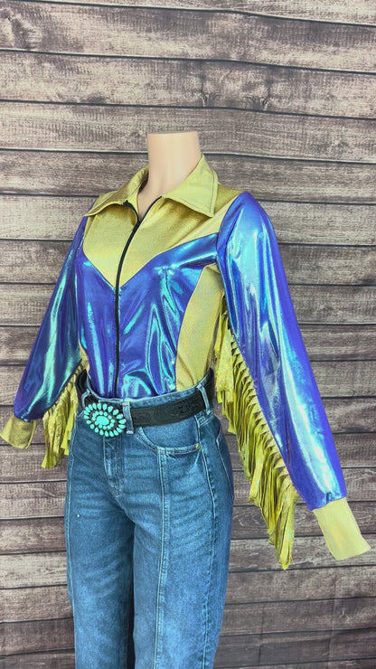 Gold and Moonstone Zipper Front Rodeo Shirt with 6" Thunderbird Fringe