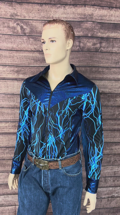 Mens Neon Blue Lightning Rodeo Shirt