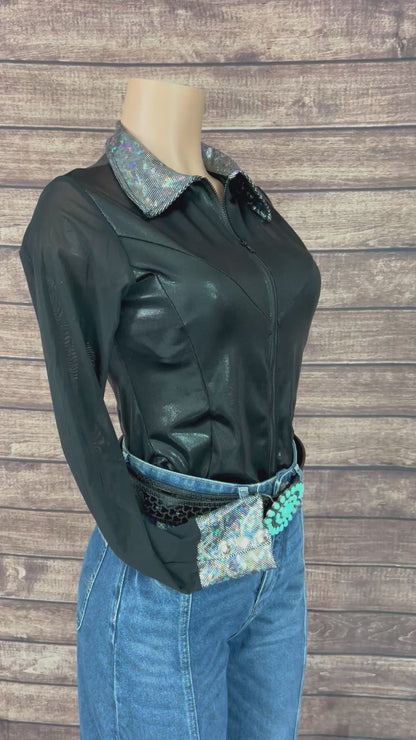 Black Mystique Mesh Sleeve Zipper Front Rodeo Shirt
