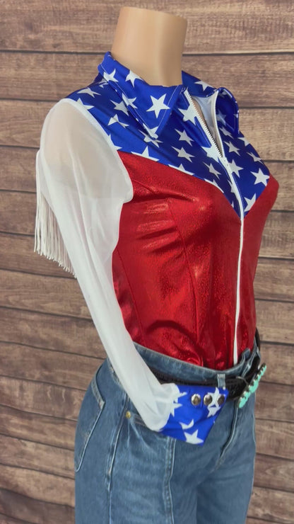 Independence Mesh Sleeve, Zipper Front Rodeo Shirt with Yoke Fringe