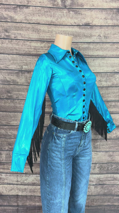 Peacock Holographic Snap Front Rodeo Shirt with Black Fringe