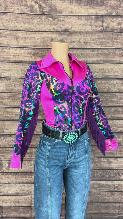 Neon Pink and Rainbow Leopard Rodeo Shirt