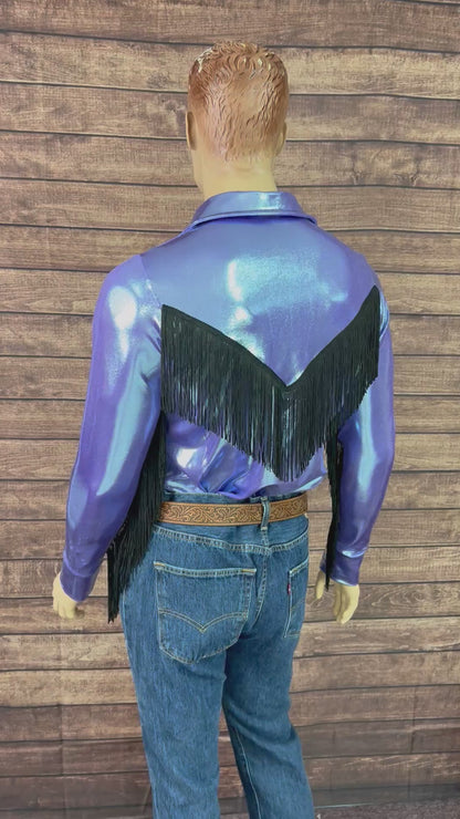 Mens Lavender Ice Zipper Front Rodeo Shirt with Black Fringe