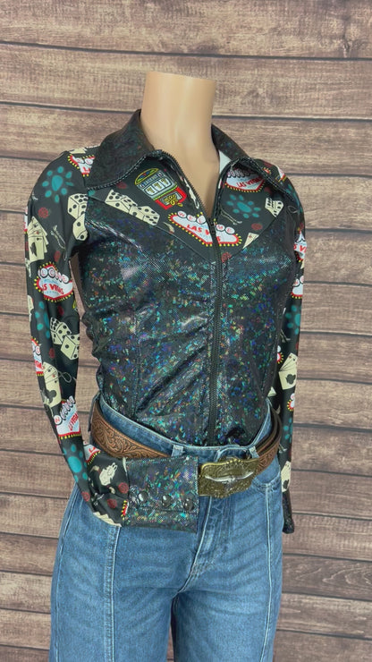 Black Kaleidoscope & Vegas Print Zipper Front Rodeo Shirt with Snap Cuffs