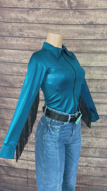 Nile Blue Zipper Front Rodeo Shirt with Black Fringe