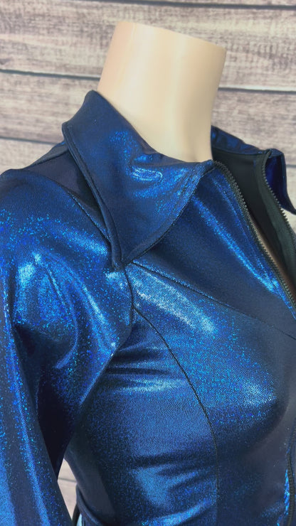 Blue Sparkly Jewel Zipper Front Rodeo Shirt