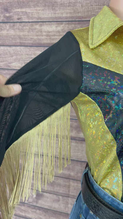 Gold and Black Kaleidoscope Mesh Sleeve Rodeo Shirt