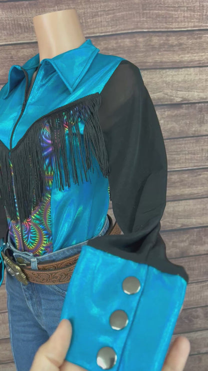 Cassidy Zipper Front Rodeo Shirt with Yoke Fringe and Mesh Sleeves