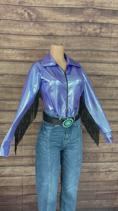 Lavender Ice Zipper Front Rodeo Shirt with Black Fringe