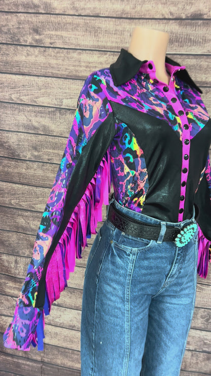 Rainbow Leopard Snap Front Rodeo Shirt with Thunderbird Fringe