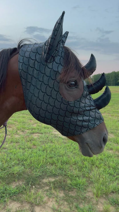 Black Dragon Scale Triple Horn Dragon Costume Mask for Horses