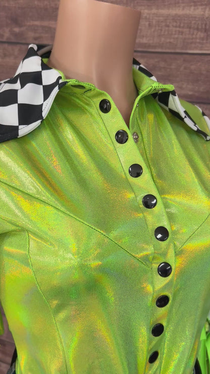 Neon Lime Checks Snap Front Rodeo Shirt with 6" Thunderbird Fringe