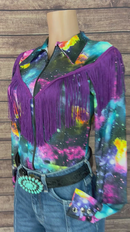 Twila Zipper Front Rodeo Shirt with Over the Shoulder Yoke Fringe