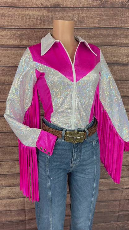 Pink and White Rodeo Shirt with Thunderbird Fringe