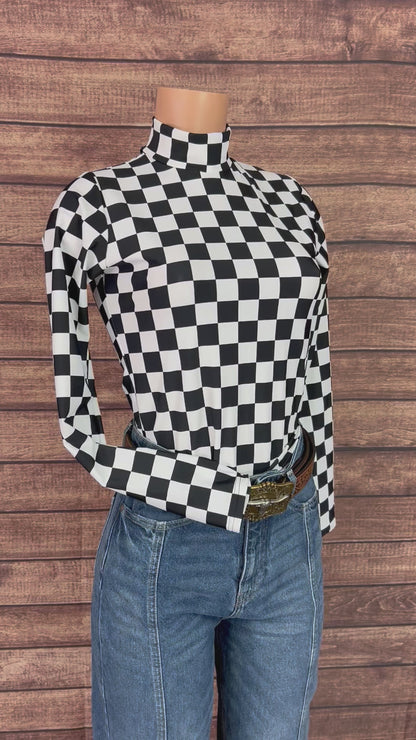 Mock Turtleneck Long Sleeve Western Show Shirt in Black and White Checkered