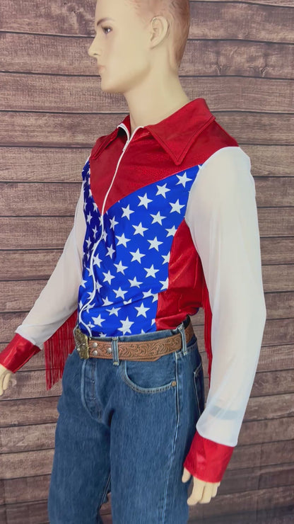 Mens Star Spangled Mesh Sleeve, Zipper Front Rodeo Shirt