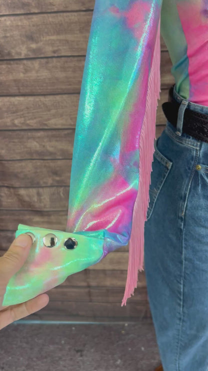 Spun Sugar Zipper Front Rodeo Shirt with Baby Pink Fringe