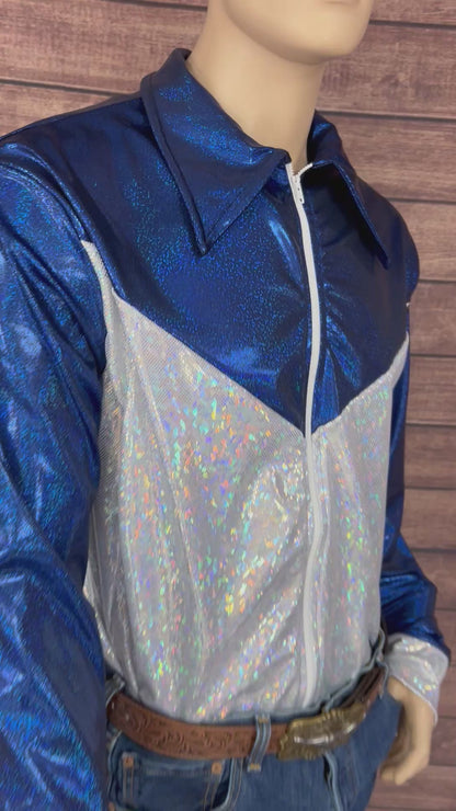 Mens Blue and White Zipper Front Rodeo Shirt with Fringe