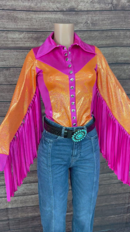 Neon Zinnia Snap Front Rodeo Shirt with Thunderbird Fringe