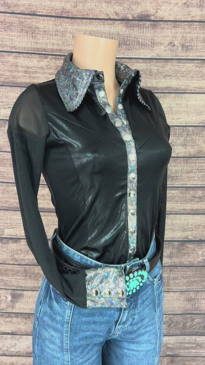 Black Mystique Mesh Sleeve Snap Front Rodeo Shirt
