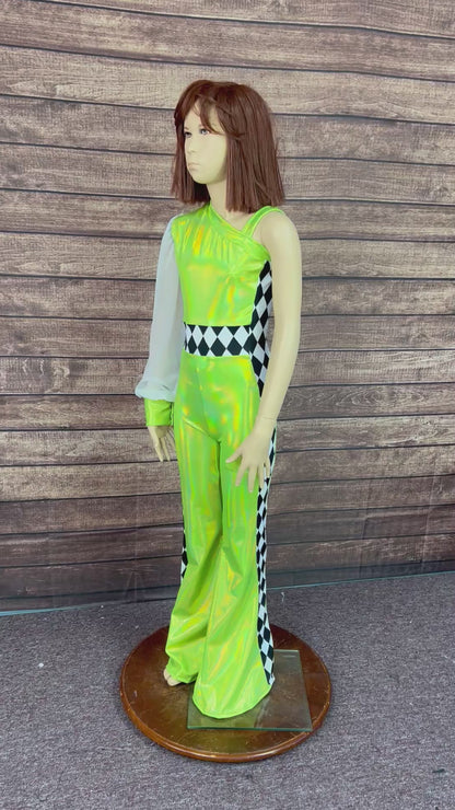 Kids Neon Green and Diamond One Sleeve Trick Rider Jumpsuit