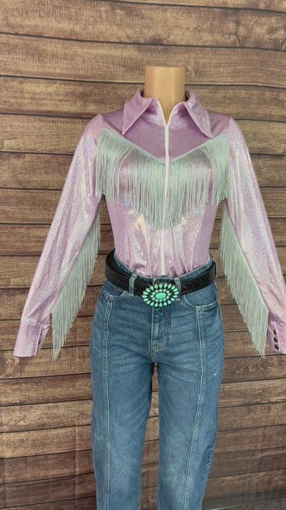Lilac Sparkle Zipper Front Rodeo Shirt with Silver Fringe on Sleeves AND Yoke
