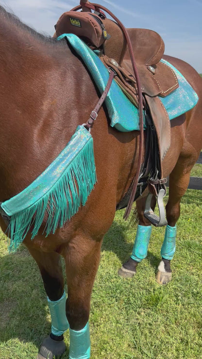 Seafoam Holographic Breast Collar Cover with Dusty Jade Chainette Fringe (Covers ONLY)
