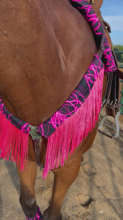 Neon Pink Lightning Breast Collar Cover with Chainette Fringe (Covers ONLY)