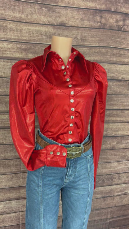 Red Sparkly Snap Front Rodeo Shirt with Puffed Sleeves