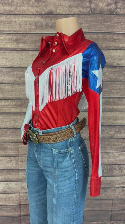 Texas Flag Sleeve, Snap Front Rodeo Shirt with Yoke Fringe