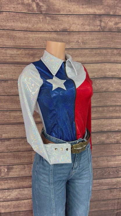The Texan Zipper Front Rodeo Shirt with Star Applique and Back Yoke Fringe
