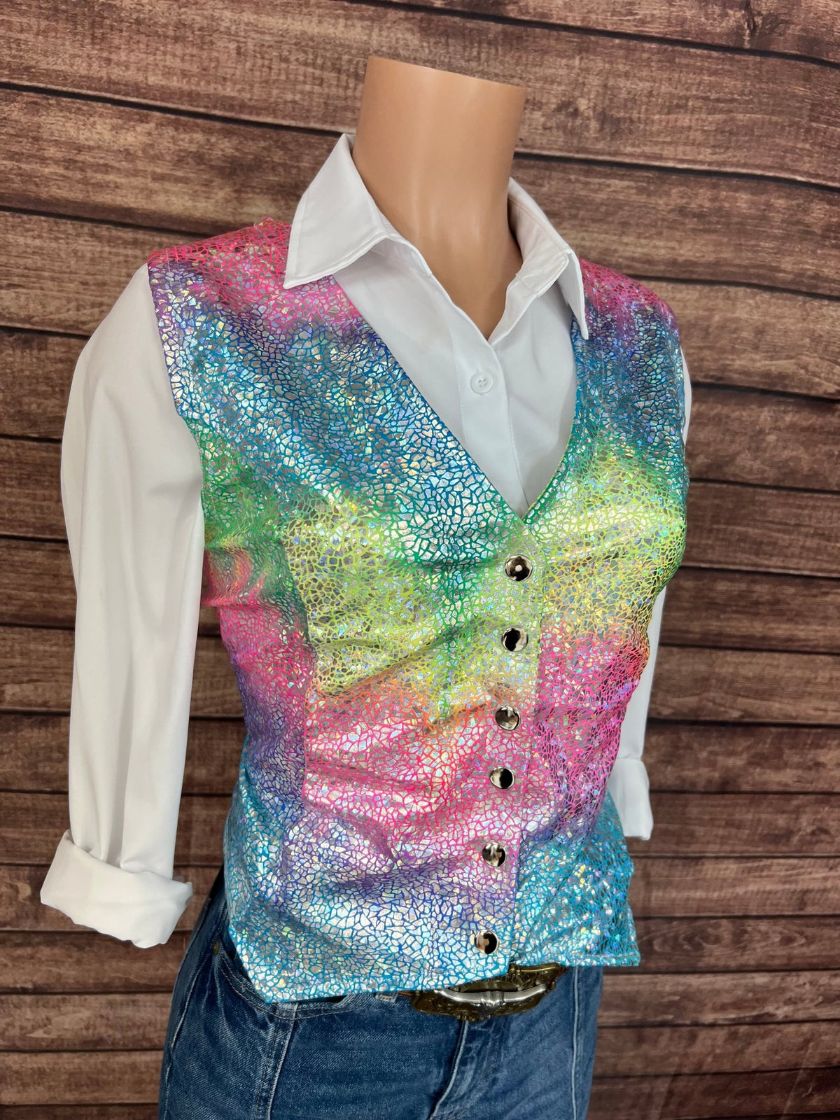 Rainbow Shattered Glass Snap Front Western Vest - Riverside Rodeo Shirts