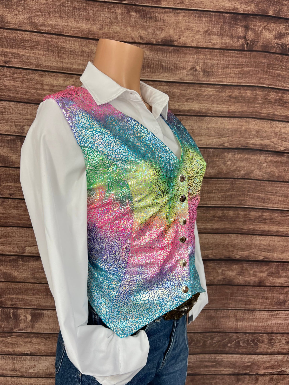Rainbow Shattered Glass Snap Front Western Vest - Riverside Rodeo Shirts