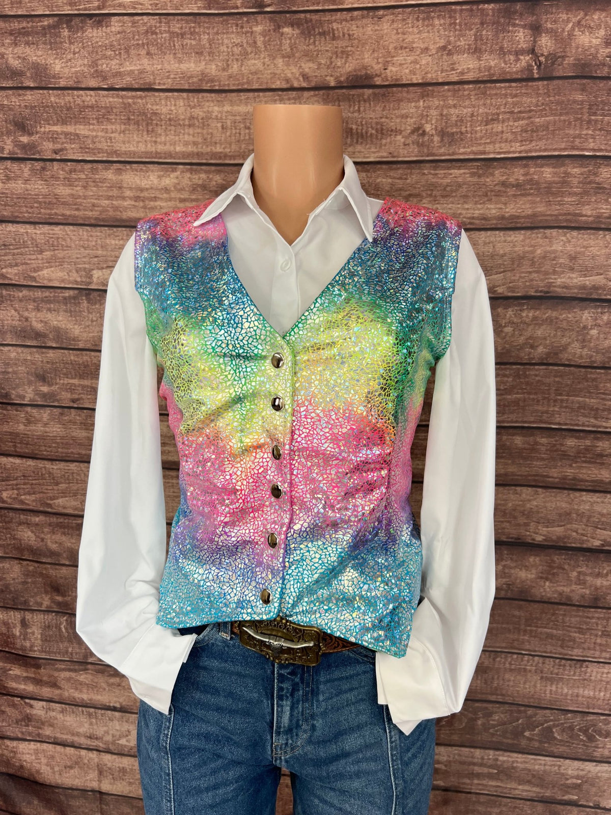 Rainbow Shattered Glass Snap Front Western Vest - Riverside Rodeo Shirts