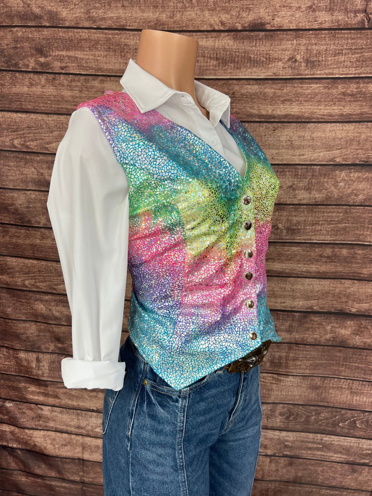Rainbow Shattered Glass Snap Front Western Vest - Riverside Rodeo Shirts