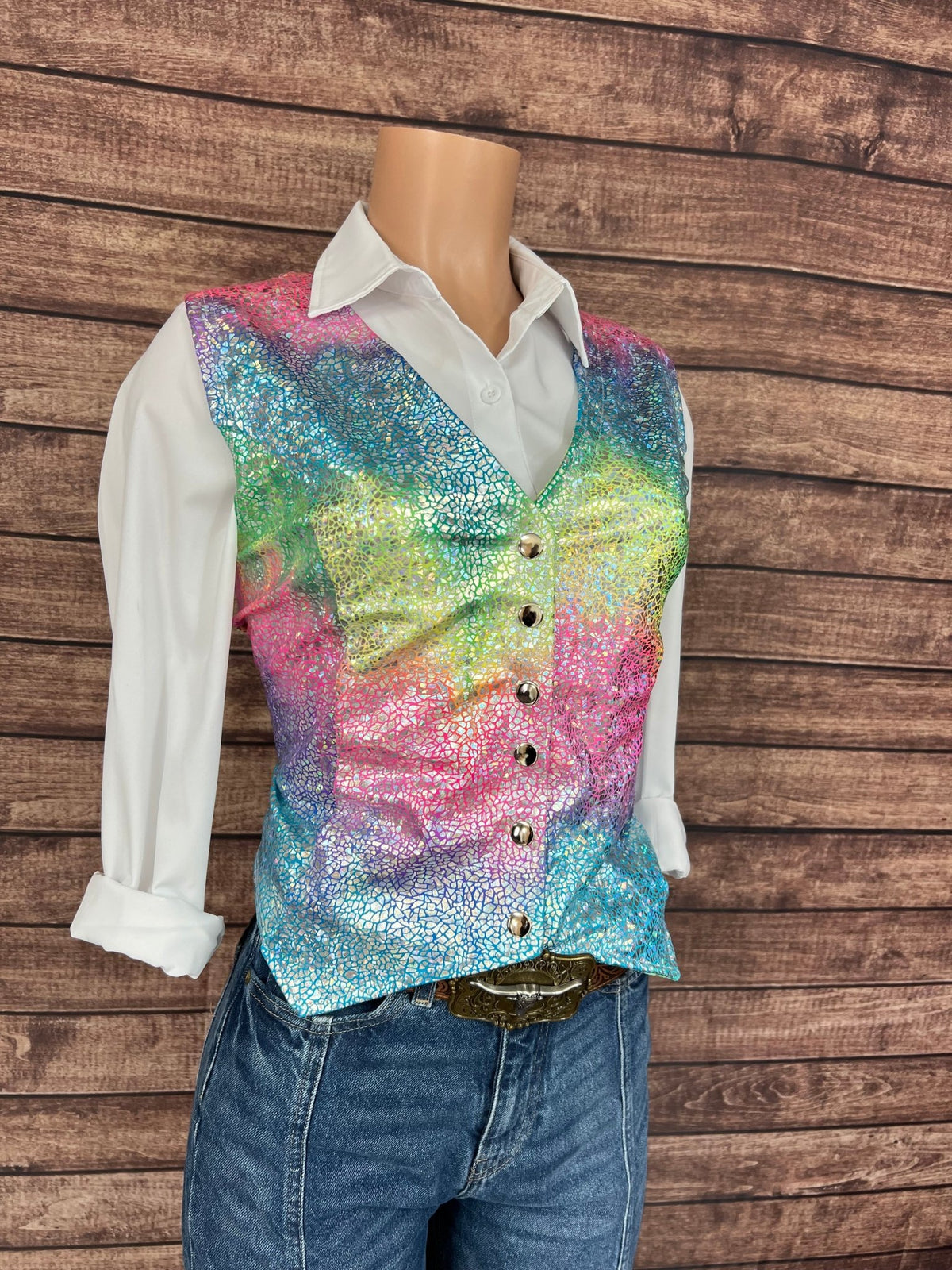 Rainbow Shattered Glass Snap Front Western Vest - Riverside Rodeo Shirts